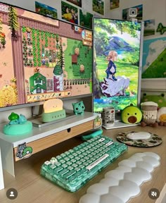 a computer desk with a keyboard and monitor on it