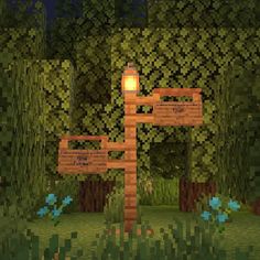 a wooden sign sitting in the middle of a lush green forest at night with lights on