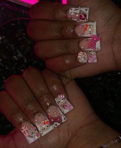 Nails With Charms Y2k, Nails With Charms, Nail Pics, Y2k Hello Kitty, Kitty Accessories, Duck Nails, Hello Kitty Accessories, Nail Sets, Long Acrylic