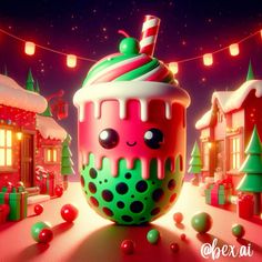 an animated christmas scene with a cupcake in the middle