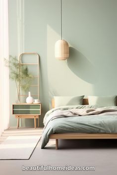 a bed sitting in a bedroom next to a wall mounted planter and two lamps