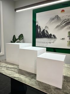 three white cubes sitting on top of a counter next to a plant in a vase