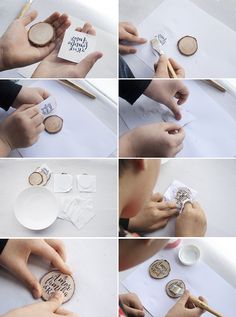 the process of making wooden coasters with wood slices and stamps on them is shown