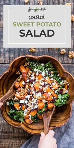 a wooden bowl filled with sweet potato salad