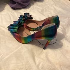 New Betsey Johnson Rainbow Heels . Beautiful Rainbow Stilettos With Pretty Bow On Front. Super Fun. Red Bow Heels, Silver Block Heel Sandals, Silver Metallic Shoes, Silver Block Heels, Rainbow Heels, Pink Suede Heels, Plaid Heels, Silver Glitter Heels, Embroidered Heels