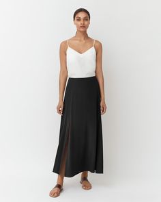 Washable Silk Maxi Skirt | Cuyana Chic Relaxed Draped Skirt For Spring, Flowy Viscose Skirt For Daywear, Relaxed Flared Viscose Maxi Skirt, Chic Viscose Flared Maxi Skirt, Flared Viscose Maxi Skirt, Relaxed Fit Flared Viscose Maxi Skirt, Chic Flowy Draped Skirt For Spring, Flowy Asymmetrical Maxi Skirt For Daywear, Asymmetrical Maxi Skirt For Daywear