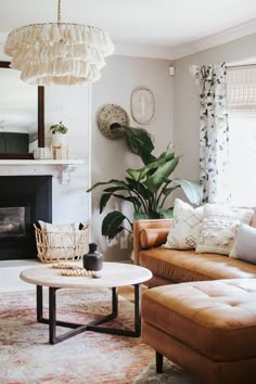 a living room with two couches and a coffee table in front of a fireplace