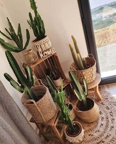 some plants are sitting in baskets on a table next to a window with a view