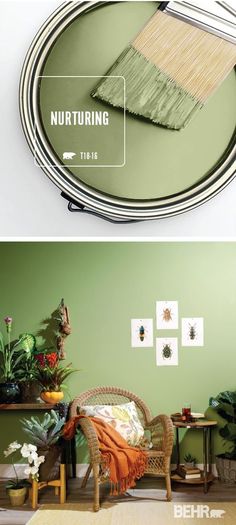 two pictures showing different types of furniture in the same room, one with green walls and one with white trim