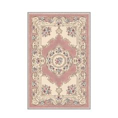 a pink rug with an ornate design on the front and back side, in various colors