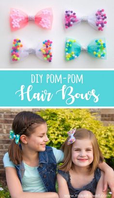 DIY Pom-Pom Hair Bows | Make It and Love It Pom Pom Ribbon, Home Made Hair Accessories, Hair Crafts For Kids, Diy Barettes, Pom Pom Bow, Diy Baby Bows, Spring Hair Bows, Disney Hair Bows