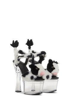 Sugar Thrillz Faux Fur Cow Plushie Platform Heels - Pink – Dolls Kill Dolls Kill Outfits, Rave Shoes, Black Mood, Pink Coffin, Trendy Womens Shoes, Heels Pink, Angel Devil, Festival Shop, Sugar Thrillz