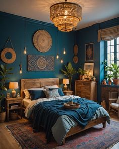 a bed room with a neatly made bed and a chandelier hanging from the ceiling