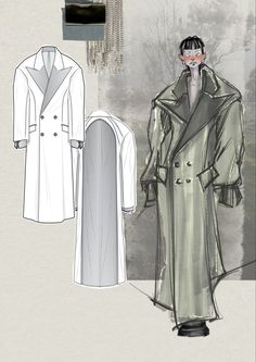 an illustration of a woman in a trench coat and dress