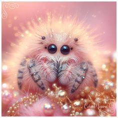 a close up of a spider on a pink background with gold glitters and bubbles