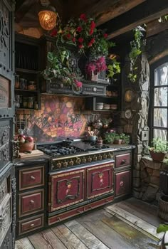 an old fashioned kitchen with many potted plants on the stove and shelves above it