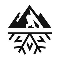 a black and white logo with an image of a man walking through the snow in front of mountains