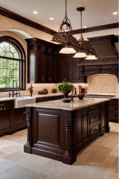 a large kitchen with dark wood cabinets and marble counter tops