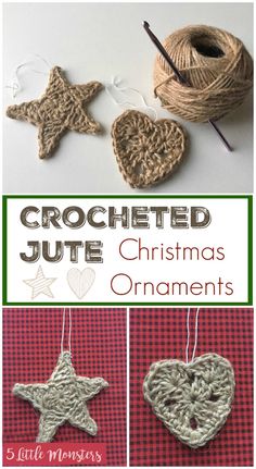 crocheted christmas ornaments with text overlay that reads, crocheted jute christmas ornaments