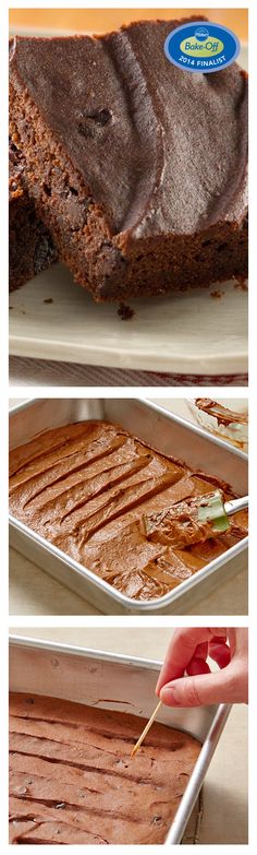 there are three pictures showing how to make brownies with chocolate frosting on them