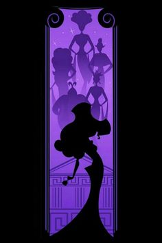 the silhouettes of disney characters in front of a purple background