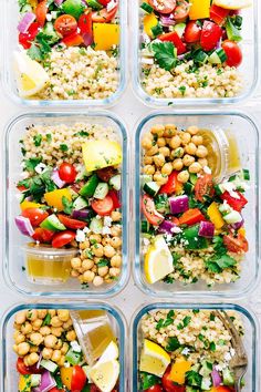 four glass containers filled with different types of salads and veggies in them