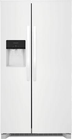 the side by side refrigerator is white and has two doors, one with a water dispenser