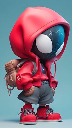 a cartoon character wearing a red hoodie and holding a baseball glove