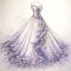 a drawing of a wedding dress with purple flowers on the bouncy skirt and train