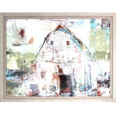 an abstract painting of a white barn