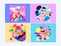 four square paintings with different shapes and colors