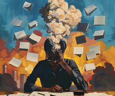 a painting of a woman sitting at a desk surrounded by books and papers flying in the air