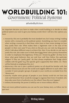 This pin is about choosing a political system for your fantasy world. It talks about what to consider for every form of government you are choosing. The discussed political systems are: monarchy, democracy, anarchy, and military dictatorship. World Building Ideas Writing, Worldbuilding Government, Fantasy World Building Tips, Fantasy World Writing