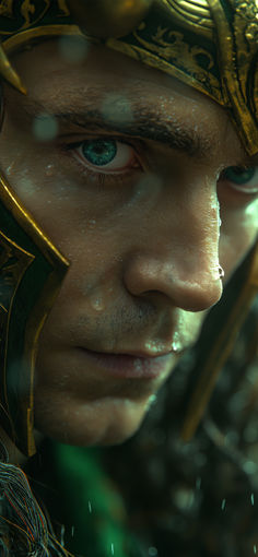 a close up of a man with blue eyes wearing a gold mask and green hair