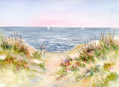 watercolor painting of beach scene with sailboats in the distance and sand dunes to the right