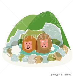 two cartoon bears in the water surrounded by rocks and grass, with mountains behind them