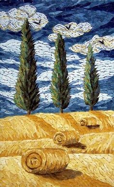 Landscape Mosaics, landscape mosaic mural, landscape mosaic artworks Mosaic Van Gogh, Tree Mosaic Ideas, Mozaik Art Design, Mosaic Painting Ideas, Mosaic Landscapes, Mosaic Materials, Tree Mosaic