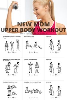 the new mom upper body workout poster is shown in black and white, with instructions for how