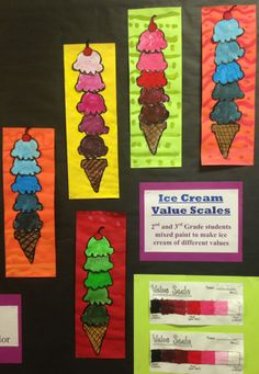 ice cream and crayons are displayed on the bulletin board