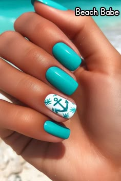 Channel your inner mermaid with this dreamy nail look. Turquoise polish and whimsical white anchors create a magical touch. #mermaidnails #beachlife #turquoiselove #nailartlover #manicurepedicure #nailstagram #styleinspiration #beautytips Cruise Nails Gel, Nails Ideas For Cruise, Cruise Theme Nails, Mexican Cruise Nails, Cute Turquoise Nails, Winter Tropical Vacation Nails, Carribean Nail Ideas, Bahamas Nails Ideas, Nails For Summer Vacation Beach