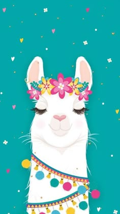 a white llama with flowers in her hair and hearts around it's eyes