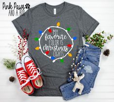 a t - shirt that says, my favorite color is christmas lights on the front