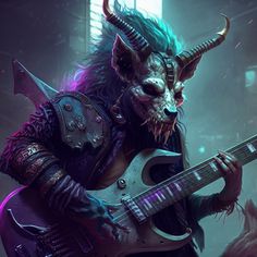 a demonic demon with horns playing an electric guitar