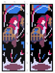 two cross - stitch patterns depicting the same character as each other, one in color and one in black