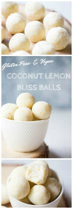 coconut lemon bliss balls in a white bowl on top of a wooden table with text overlay