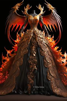 Fire Queen Dress, Fairytail Costumes, Fire Fairy Outfit, Fire Dress Gowns, Cosplay Ballgown, Fire Inspired Dress, Red And Gold Ball Gown, Showy Dress, Fire Gown