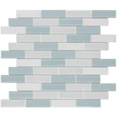 white and blue glass tile backsplash with grey strips on the bottom, in an irregular pattern