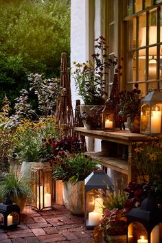 candles are lit in front of some potted plants and other flowers on a porch