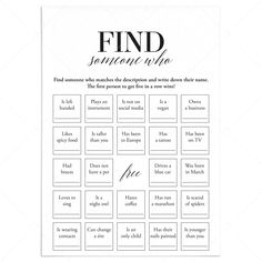 Icebreaker Bingo Find Someone Who Printable by LittleSizzle Networking Bingo Free Printable, Find Someone Who Bingo For Adults, Find The Person Who Game, Find Someone Who Activity, Mops Games, Find Someone Who Game, Find Someone Who Bingo, Icebreaker Bingo, Housewarming Games