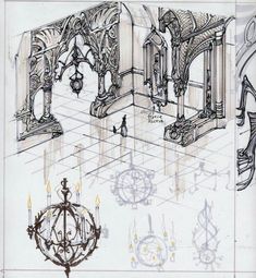 an architectural drawing of a room with chandelier